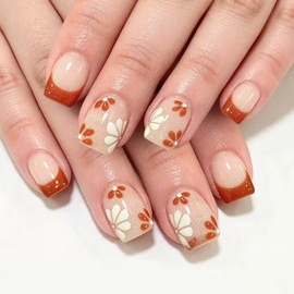 Fall French Tip Press on Nail Short Square Fake Nails Orange Press ones with Flower designs Acrylic Press ones Glitter Stick on Nail Full Cover Glue on Nails for Women Autumn24pcs