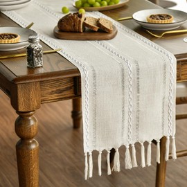 Artoid Mode Boho Cream Tassel Table Runner, Farmhouse Style Kitchen Table Decoration Holiday Wedding Party Dinning Birthday Decor 33x153 cm