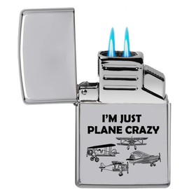 Dual Flame Torch Lighter I'm Just Plane Crazy Funny Gift for Pilot Airplane Lover Aviation Gift (Chrome)