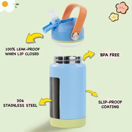 12oz Kids Water Bottle 2 Pack, Stainless Steel Insulated Water Bottle For Kids, Toddler Cup With Straws Leak-proof, Kids Water Bottles For School Boys Girls, BPA Free, Twilight Green+Sky 2-piece set