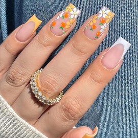 24Pcs Flowers Press on Nails Medium Coffin Fake Nails Orange White French Tip Press ons Summer Daisy Flower Fruit Full Cover Stick on Nails Square Acrylic False Nails Reusable Artificial Glue on Nails