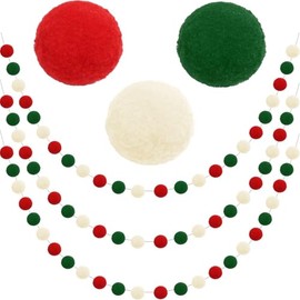3 PACK Christmas Pom Pom Garland Christmas Decorations for Tree Indoor Home Room Decor Cute Hanging Felt Ball Red White Green Pom pom Bead Ornament String Banner Garland Xmas Birthday Party Supplies