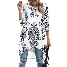 Naggoo Women's 3/4 Sleeve Button V Neck High Low Loose Fit Casual Long Tunic Tops Tee Shirts S-3XL