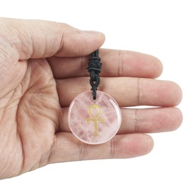 Lovionus89 Adjustable Egyptian Ankh Cross Engraved Round Stone Lucky Coin Amulet Pendant Necklace for Women Man, Rose Quartz
