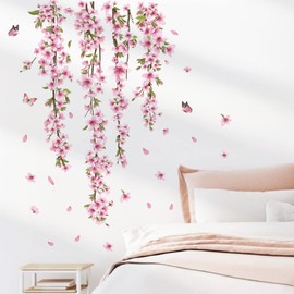 decalmile Hanging Blossom Flower Vine Wall Decals Pink Flower and Leaves Wall Stickers Bedroom Living Room Sofa TV Background Wall Decor