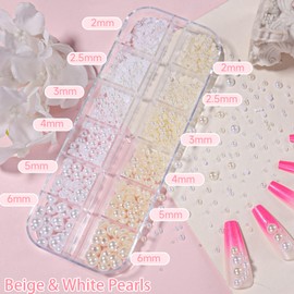 2 Boxes Flatback Pearls for Nail, Gold Silver Nail Beads for Nail Art, Mixed Sizes White Beige Half Pearl Nails Charms Gems, ABS Round Plastic Beads Accessories for Acrylic Nails Manicure Decor