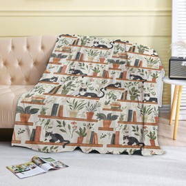 coedoaes Cute Black Cat and Book Fleece Blanket - 50x60in Playful Animal and Plant Throw Blankets,Soft Cozy Lightweight, Ideal for Living Room Home Rustic Farmhouse Decor and Kids Women Girls Gifts