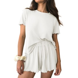 Ekouaer Woman Pajama Sets Ribbed Knit Pajama Set Short Sleeve Sleepwear Set Comfy Nightwear Soft White Pjs XXL