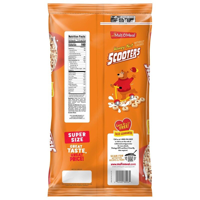 Malt-O-Meal Honey Nut Scooters Breakfast Cereal, Oat Cereal O's with