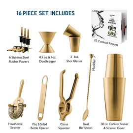 Bar Set Cocktail Shaker Set, Stainless Steel Mixology Bartender Kit, 16 Piece Cocktail Kit, Gold Cocktail Set, Bar Tools: 30oz Martini Shaker, Muddler, Bar Kit Cocktail Book, Jigger and Pourers