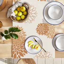 WHOMEAF Orange Grey Table Runner Wild Dahlia Pinnata Flower Table Runners Modern Elegant Pompon Farmhouse Geometric Table Center Decor for Home Kitchen Dining Party Patio (13x36 Inch)