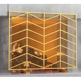 Fire Beauty Single Panel Handcrafted Wrought Iron Mesh Chevron Fireplace Screen, Fire Spark Guard for Living Room, Bedroom Decor(Golden)