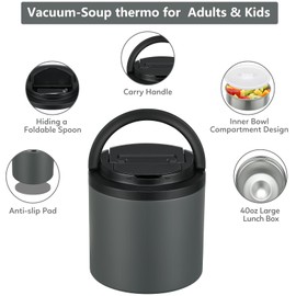 Thermo for Hot Food, Soup Thermo for Adults 40oz Lunch Containers Wide Mouth, Insulated Food Container Leak Proof Vacuum Stainless Steel With Carry Handle and Spoon BPA Free