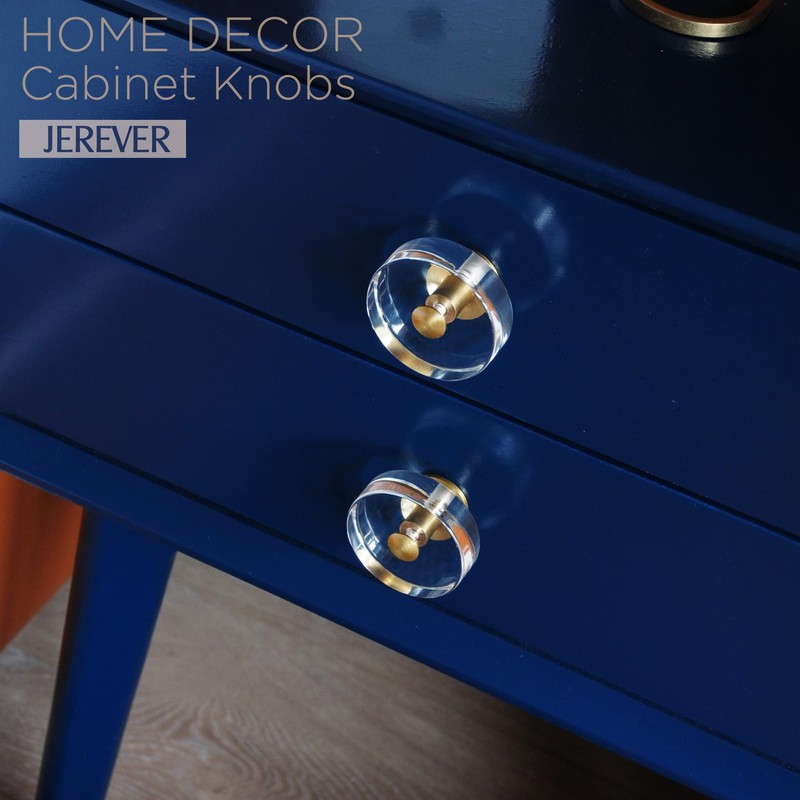 JEREVER 2 Pack Acrylic Knobs Large Size Crystal Brass Drawer