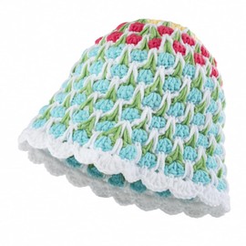 OSOPLAY Handmade Kintted Fishing Hat for Women Flower Bucket Hat Collapsible Cap (Blue Flower)