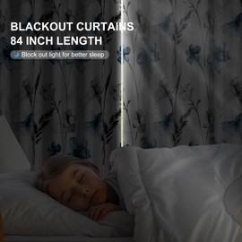 Watercolor Blue Floral Blackout Curtains for Living Room and Bedroom, Grommet Light Filtering Black Out Window Curtains 84 Inch Long 2 Panel Sets, Room Darkening Thermal Curtains for Winter Insulated