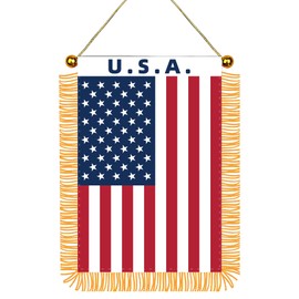 American Window Hanging Flag With Fringy, USA Mini Flag Banner For Car Rearview Mirror, Mini Hanging Decor Double Sided Flag With Suction Cup 4x6 Inch