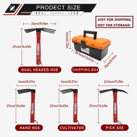 TOOLUTION 4-Pcs Gardening Tool Set – Pick Axe, Hoe, Hand Tiller & Garden Rake with 10.6" Wooden Handles, DIY Assembly Required, Garden Tools for Digging, Soil Loosening, Weeding & Cultivating