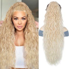 Humistwbiu Claw Clip Ponytail Extension for Women 30 Inch Long Ponytail Hair Piece Wavy Curly Synthetic Hairpieces, Omber Light Blonde