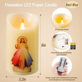 Divine Mercy of Jesus LED Devotional Prayer Candle - Battery Operated Religious Candle with Remote Control & Timer, Real Wax 3D Wick, 6" x 3.2" for Religious Festivals, Home Altar, Church & Devotions