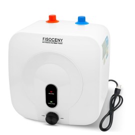 Fisoceny 2.5 Gallon Mini Tank Water Heater Under Sink Hot Water 1500W 120V Water Heaters for RV Kitchen RV 1/2”NPT Stainless Steel Hose 3-way Fitting White