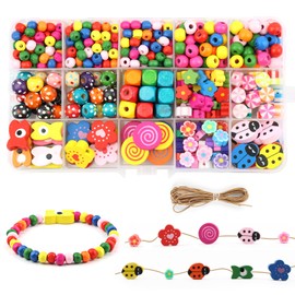 Maxmoc Wooden Beads for Threading, Pack of 390 Beads for Bracelets Children, Colourful Polymer Clay Beads, Smiley Craft Beads with Hole for DIY Bracelets, Necklaces, Crafts
