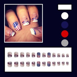 Tyuimhx 4th of July Press on Nails Short Square Independence Day Fake Nails White French Tip False Nails With Blue Red Glitter Stripe Designs Acrylic Patriotic Star Nails for Women 24Pcs