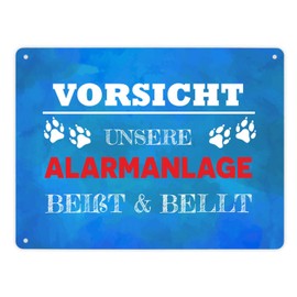 Vorsicht unsere Alarmanlage beißt & bellt Metal Sign XL 21 x 28 cm in Blue Decoration Funny Saying Dog Pet Warning Burglar Dog Friend Gift Idea