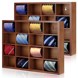 Wesiti Tie Rack Wall Mounted Tie Box Organizer with 16 Compartments Bamboo Belt Holder for Men Scarf Necktie Home Wall Closet(Dark Brown Color,2 Piece)