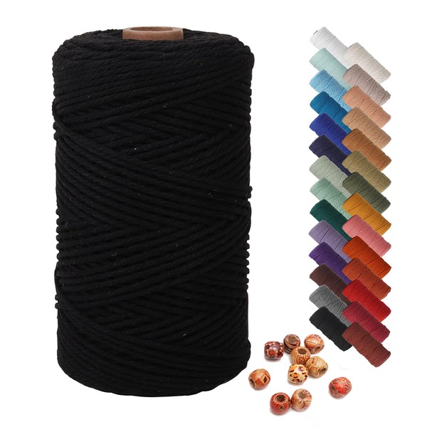Black Macrame Cord 2mm x 220 Yards,Natural Cotton Macrame Rope