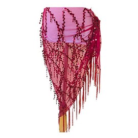 Lauthen.S Women Belly Dance Hip Scarf, Sequin Tassels Triangle Tribal Wrap Skirt Waist Chain, Wine, One Size