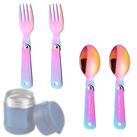 2pcs Folding Spoons and 2pcs Folding Forks for Thermos Funtainer Food Jar 10oz, Stainless Steel Foldable Utensils Replacement Part Accessory with Inspirational Lettering and Hanging Hole(Iridescent)