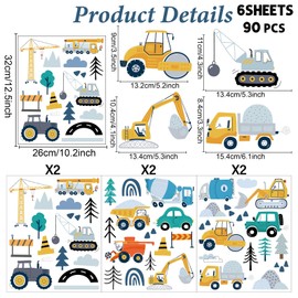 Construction Stickers for Kids Wall Decor, Removable Vehicles Wall Stickers Excavator Tractor Car Wall Decals Room Decor for Boys Nursery Playroom Bedroom