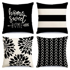RABUSOFA Black and White Pillow Covers 16x16 Set of 4,Home Sweet Home Decorative Pillows Throw Pillow Cases,Xmas Outdoor Accent Cushion Covers Farmhouse Decor Pillows for Couch Patio Chair