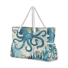 senya Large Beach Bags Totes Canvas Tote Shoulder Bag Soft Wave Water Resistant Bags for Gym Travel Daily (Ocean Octopus Vintage)