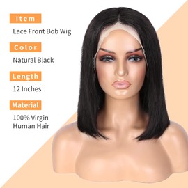 FAVE Bob Wig Human Hair 13x4 Frontal Lace Wig 180% Density Bob Glueless Wigs Human Hair Pre Plucked with Baby Hair 12 Inch Natural Black Short Human Hair Wigs For Black Women(1B)