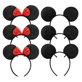 CHuangQi Mouse Ears Solid Black and Red Bow Headband for Boys and Girls Birthday Party or Celebrations (Pack of 6)