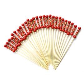 100PCS Cocktail Picks,Cocktail Sticks,12cm Long Handmade Sticks Wooden ﻿Natural Bamboo Cocktail Toothpicks,Mini Food Picks Decorative for Fruits,Desserts,Party Supplies(Red Pearls)