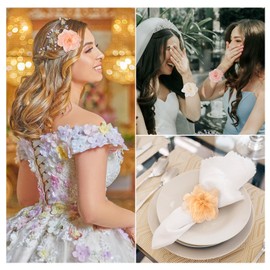 KISSITTY Organza Flowers for Crafts 6pcs 3D Flower Fabric Appliques Ornament Accessories Embellishments for Sewing Wedding Party Dress Clothing Hair Bows Bouquet Decorations