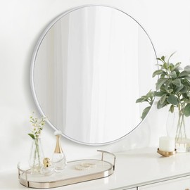 CULER Round White Bathroom 30 Inch Mirror,Circle Wall Modern Mirror for Bedroom,Hanging Vanity Tempered Glass Mirror for Entryway or Living Room