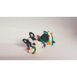 Celtic Forest Clay FRENCH BULLDOG Christmas Ornament TANGLED IN LIGHTS HAND MADE Pied FRENCHY