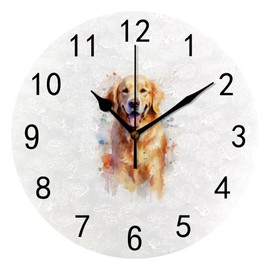 QAZPL Nuansexi Wall Clocks PVC Watercolour Painting Golden Dog Round Circle Digital Clock Silent Big Number Easy Read Battery Operated Frameless Lightweight 9.8 Inch