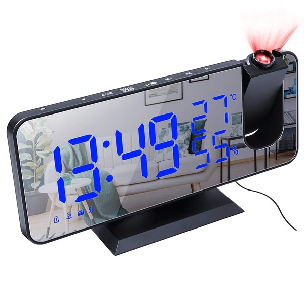 Number-one Projection Digital Alarm Clock for Bedrooms, FM Radio Alarm Clock, 7.5'' Dual Alarms with Snooze, USB Charging Port, Temperature & Humidity Display, 180¡ã Rotable, 4 Dimmer, 12/24 Hours