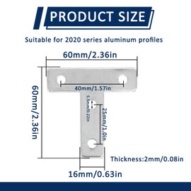 10 Pcs 2020 Series T Shaped Bracket Corner Brace,T Shaped Carbon Steel Bracket Support Brace,T-Shape Flat Connector,Aluminum Extrusion Connector Bracket(60 x 60 x 16mm)