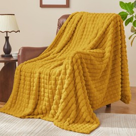 BEDELITE Mustard Yellow Throw Blanket for Couch and Bed- Super Soft and Warm 3D Checkered Fluffy Fuzzy Fleece Blanket, Luxurious Plush Cozy Blanket for Room Decor Spring, 50x60 inches