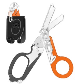 Lenporl 6 In 1 Multi-function Trauma Shears Foldable with Compatible Holster and Penlights,Emergency Trauma Shears with Strap Cutter and Glass Breaker for Outdoor Medical Scissors Tools Black+Orange