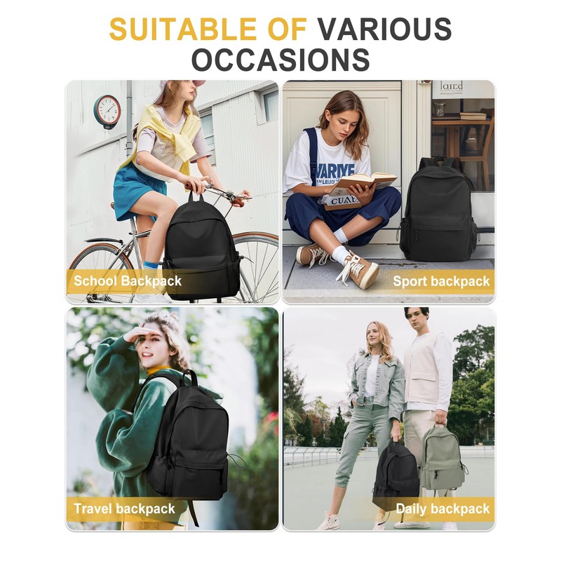 VECAVE School Backpack Black Waterproof Bookbag Casual Lightweight Travel Rucksack