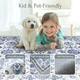 BLISSA Washable Area Rug 8x10 - Large Delft Blue Boho Rugs for Living Room Soft Vintage Oriental Floral Retro Carpet Stain Resistant Accent Rug for Bedroom Dining Room Under Table Home Office Decor