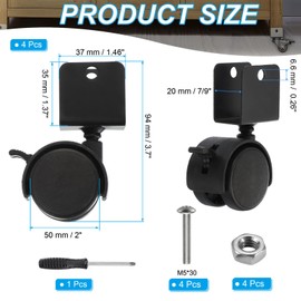 PATIKIL 2" Swivel Caster with 1" U Bracket, 4 Pack 360° Rotation Swivel No Noise Wheel with Brake Total 132 Lbs Locking Caster for Furniture Legs