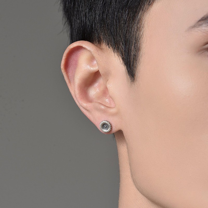 Vintage Tire Tread Round Stud Earring for Men, Silver Tone,